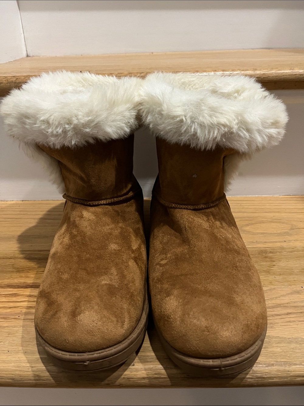 SO Chestnut Faux-Suede Winter Boots with Cream Shearling Cuff